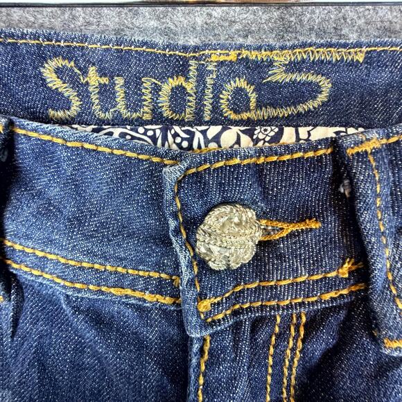 Studio 5 Bootcut Jeans Womens 3 Blue Y2K Flap Pocket Studded Embroidered Stretch - Picture 3 of 11